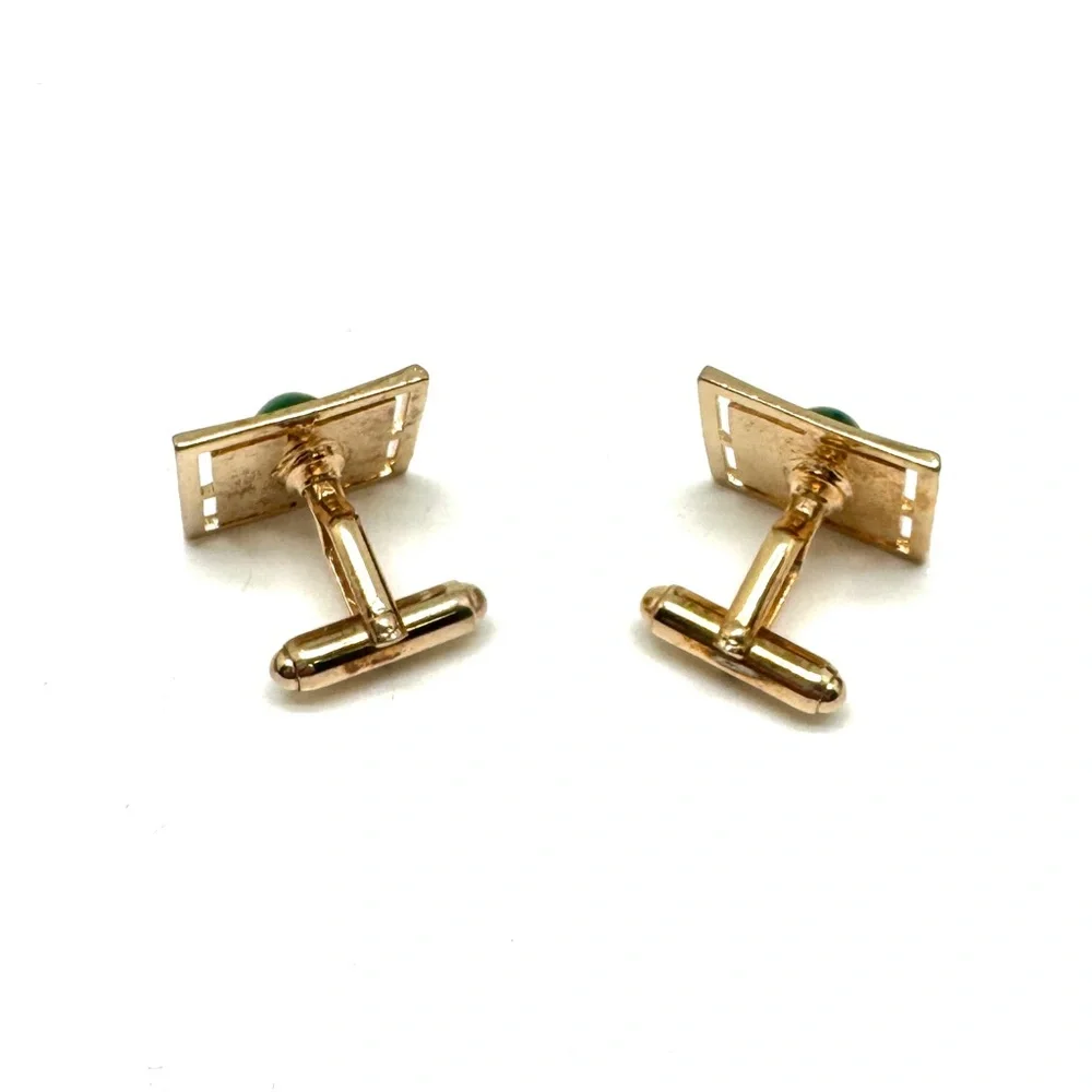 Anson Square Goldtone Cuff Links with Green Oval Cabochon Center